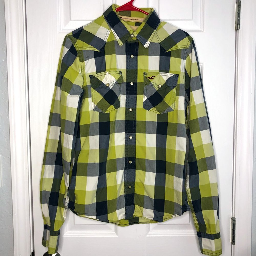 Hollister Western Pearl Snap Blue Green Shirt